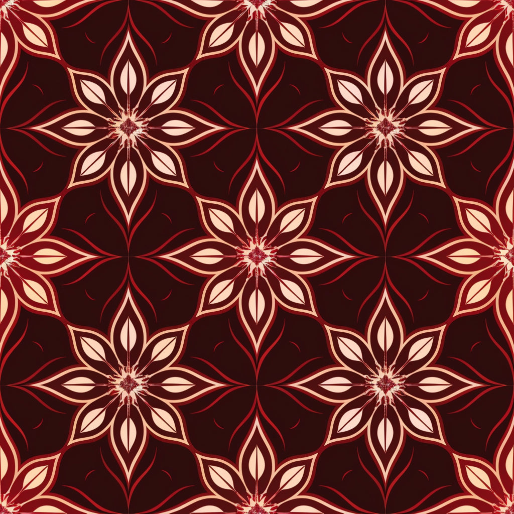 burgundy, deep red, cream, beige, abstract flowers, geometric pattern, star motifs, floral design, repeating pattern, ornamental, decorative, symmetrical, vintage style, elegant, sophisticated,, fabric panel, seamless repeat, botanical elements, intricate details