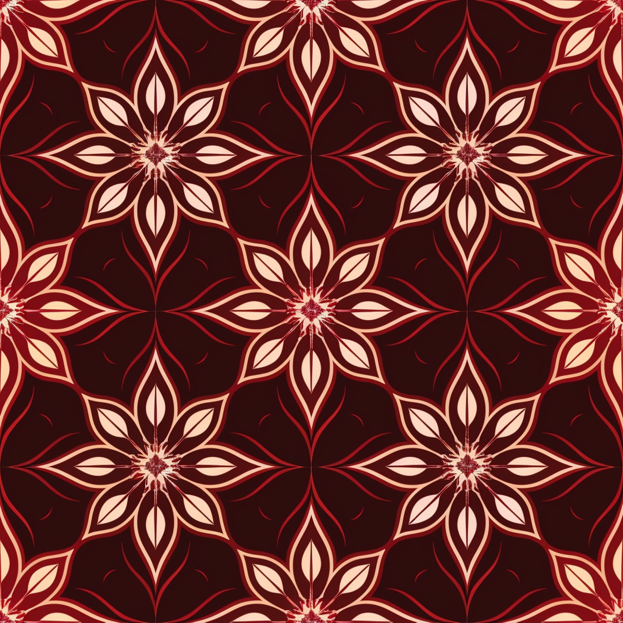burgundy, deep red, cream, beige, abstract flowers, geometric pattern, star motifs, floral design, repeating pattern, ornamental, decorative, symmetrical, vintage style, elegant, sophisticated,, fabric panel, seamless repeat, botanical elements, intricate details