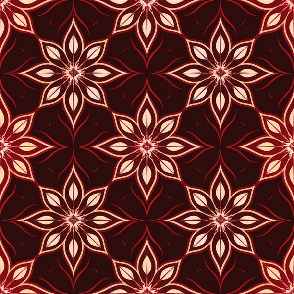 burgundy, deep red, cream, beige, abstract flowers, geometric pattern, star motifs, floral design, repeating pattern, ornamental, decorative, symmetrical, vintage style, elegant, sophisticated,, fabric panel, seamless repeat, botanical elements, intricate details
