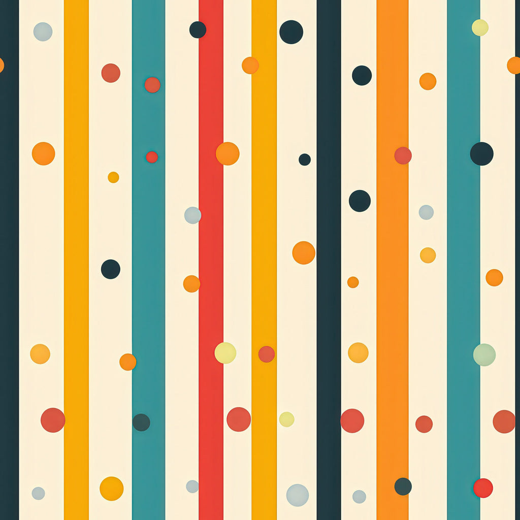 colorful stripes, polka dots, geometric pattern, vertical stripes, orange, teal, red, yellow, navy blue, cream background, retro style, modern design,, fabric panel, cheerful, vibrant colors, abstract design, playful pattern, crafting material, mid-century modern