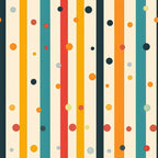 colorful stripes, polka dots, geometric pattern, vertical stripes, orange, teal, red, yellow, navy blue, cream background, retro style, modern design,, fabric panel, cheerful, vibrant colors, abstract design, playful pattern, crafting material, mid-century modern