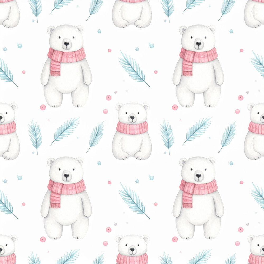 white polar bear, pink scarf, blue feathers, soft pink, light blue, winter animals, nursery decor, baby shower, whimsical, cute animals, woodland, nature theme, playroom, kids room, baby boy, baby girl, gentle, sweet, cozy, arctic, frost blue, rose pink, feather motifs, scattered dots, calming, soft pastels, gender neutral, child-friendly, peaceful, decorative accents