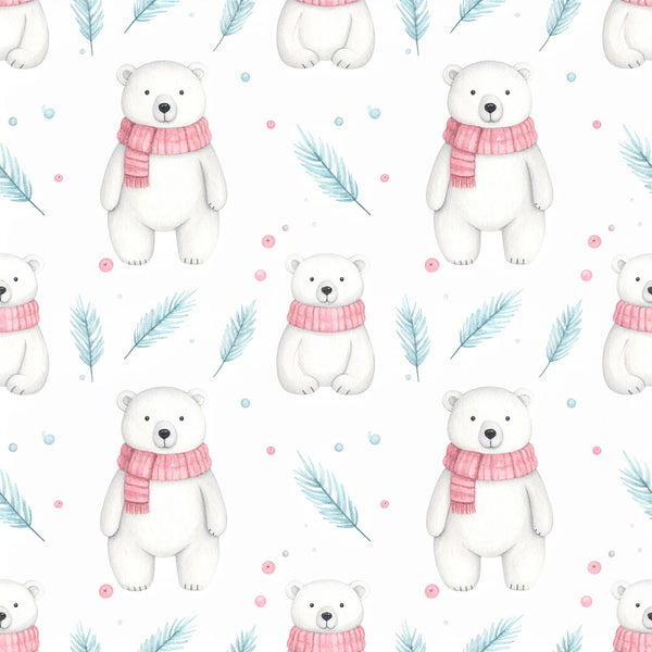 white polar bear, pink scarf, blue feathers, soft pink, light blue, winter animals, nursery decor, baby shower, whimsical, cute animals, woodland, nature theme, playroom, kids room, baby boy, baby girl, gentle, sweet, cozy, arctic, frost blue, rose pink, feather motifs, scattered dots, calming, soft pastels, gender neutral, child-friendly, peaceful, decorative accents