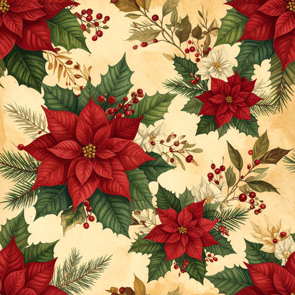 red poinsettia, cream white, forest green, gold accents, floral pattern, botanical, holiday, christmas, vintage, traditional, elegant, festive, poinsettias, holly leaves, berries, evergreen branches, winter florals, seasonal, nature-inspired, red and green, classic holiday, decorative flowers, white flowers, dark green foliage, rustic elegance, timeless design, holiday decor, winter botanicals, christmas florals