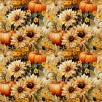 autumn floral, burnt orange, cream, gold, sunflowers, pumpkins, fall theme, harvest, nature, botanical, traditional, rustic, farmhouse, country, thanksgiving, seasonal, warm tones, orange pumpkins, yellow flowers, black accents, tan, beige, floral design, daisy, peach, leaves, thanksgiving decor, cozy, warm colors