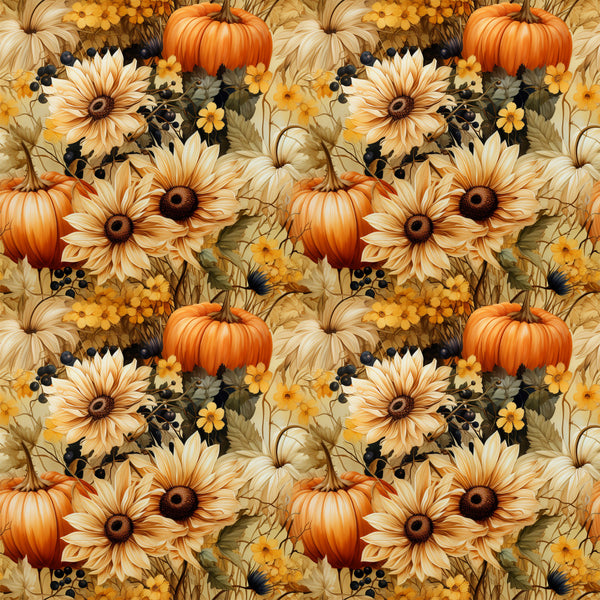 autumn floral, burnt orange, cream, gold, sunflowers, pumpkins, fall theme, harvest, nature, botanical, traditional, rustic, farmhouse, country, thanksgiving, seasonal, warm tones, orange pumpkins, yellow flowers, black accents, tan, beige, floral design, daisy, peach, leaves, thanksgiving decor, cozy, warm colors