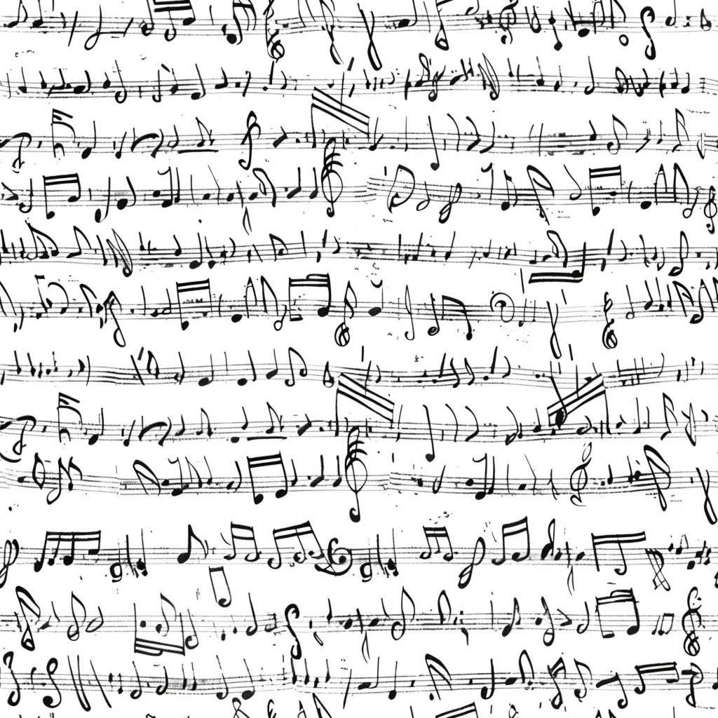 black and white, musical notes, handwritten style, sheet music, treble clef, staff lines, music notation,, fabric panel, monochrome pattern, artistic script, musical symbols, vintage manuscript, flowing lines, creative design, crafting material, sewing fabric, music themed, scattered notes, organic layout