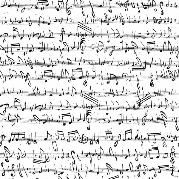 black and white, musical notes, handwritten style, sheet music, treble clef, staff lines, music notation,, fabric panel, monochrome pattern, artistic script, musical symbols, vintage manuscript, flowing lines, creative design, crafting material, sewing fabric, music themed, scattered notes, organic layout