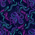 neon purple, cyan blue, magenta, electric turquoise, deep navy, glowing pink, bioluminescent, ocean themed, sea creatures, octopus, tentacles, jellyfish, marine life, underwater, cosmic, galaxy, neon glow, modern, whimsical, bohemian, psychedelic, abstract organic, surreal, celestial, deep sea, mystical, nighttime theme, fantasy, sci-fi, glow in the dark aesthetic