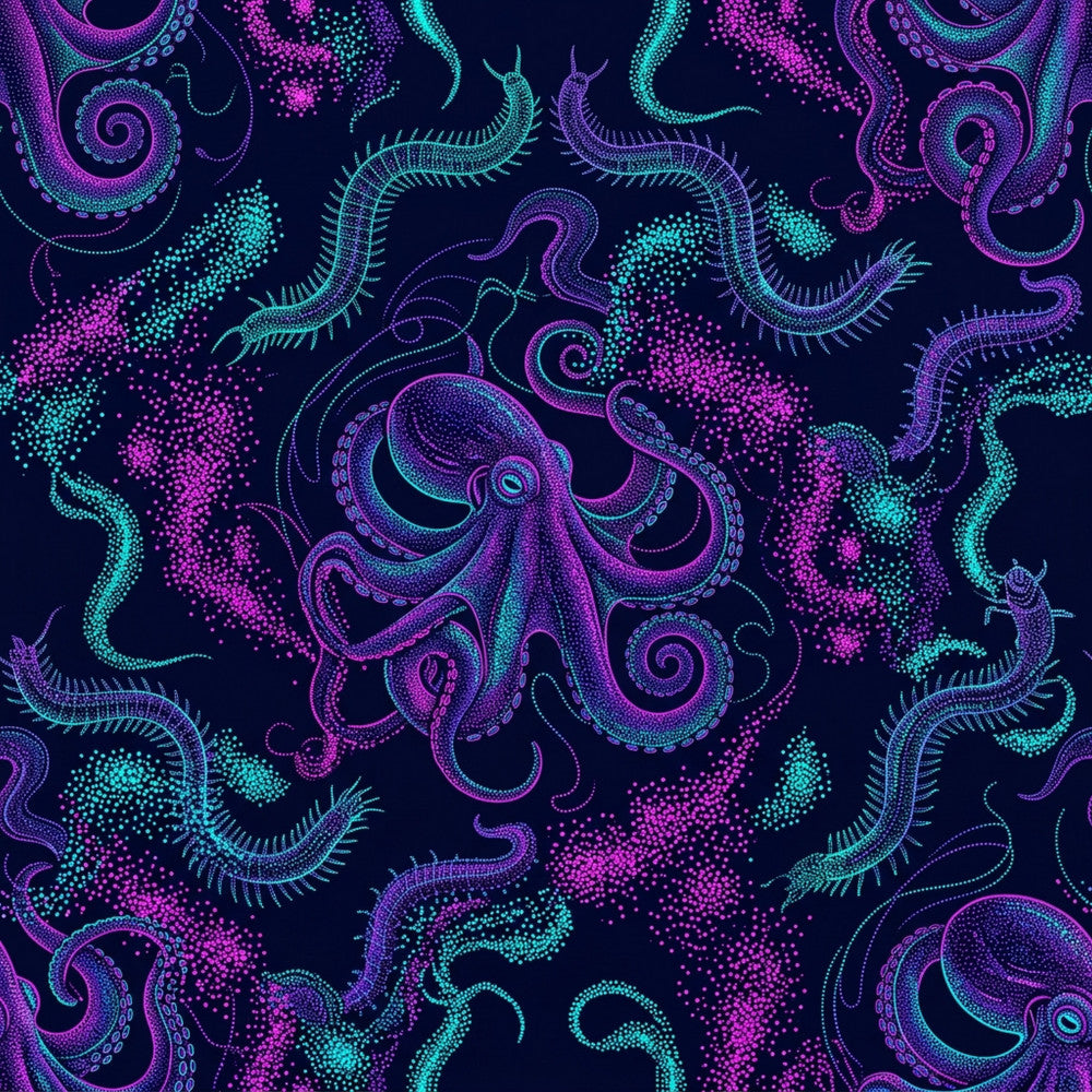 neon purple, cyan blue, magenta, electric turquoise, deep navy, glowing pink, bioluminescent, ocean themed, sea creatures, octopus, tentacles, jellyfish, marine life, underwater, cosmic, galaxy, neon glow, modern, whimsical, bohemian, psychedelic, abstract organic, surreal, celestial, deep sea, mystical, nighttime theme, fantasy, sci-fi, glow in the dark aesthetic