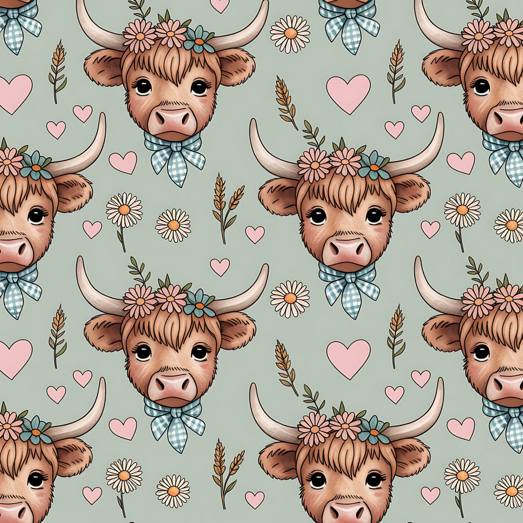 highland cow, cow heads, brown cattle, pink hearts, floral crowns, gingham bows, daisies, wheat stalks, sage green background, peach flowers, cute animals, farmhouse style, repeating pattern,, fabric panel, whimsical design, country theme, pastoral motifs, soft pastels, adorable cows