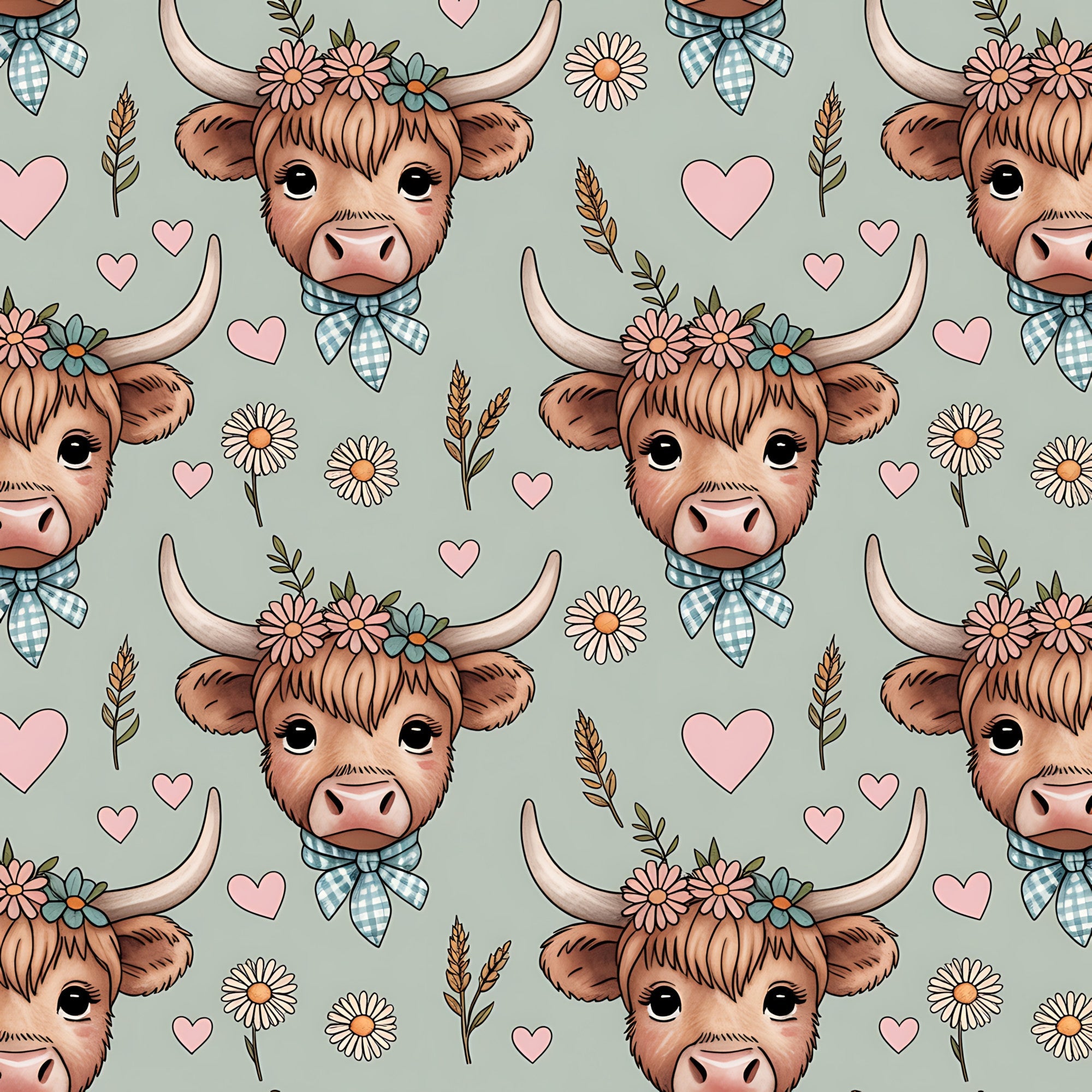 highland cow, cow heads, brown cattle, pink hearts, floral crowns, gingham bows, daisies, wheat stalks, sage green background, peach flowers, cute animals, farmhouse style, repeating pattern,, fabric panel, whimsical design, country theme, pastoral motifs, soft pastels, adorable cows
