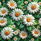 white daisies, orange centers, green leaves, realistic flowers, floral pattern,, fabric panel, botanical design, nature motif, bright colors, detailed petals, garden flowers, spring theme, cheerful mood, intricate design, vibrant orange, forest green, cream white, seamless pattern, decorative fabric