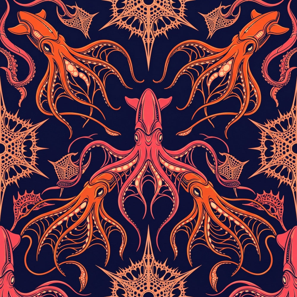 navy blue, coral pink, burnt orange, deep red, vibrant orange, ocean theme, nautical, squid, octopus, sea creatures, marine life, cephalopod, intricate, detailed, ornamental, decorative, symmetrical, baroque, gothic, dark academia, bohemian, whimsical, fantasy, mystical, intricate linework, deep sea, underwater, artistic, illustrative, statement pattern