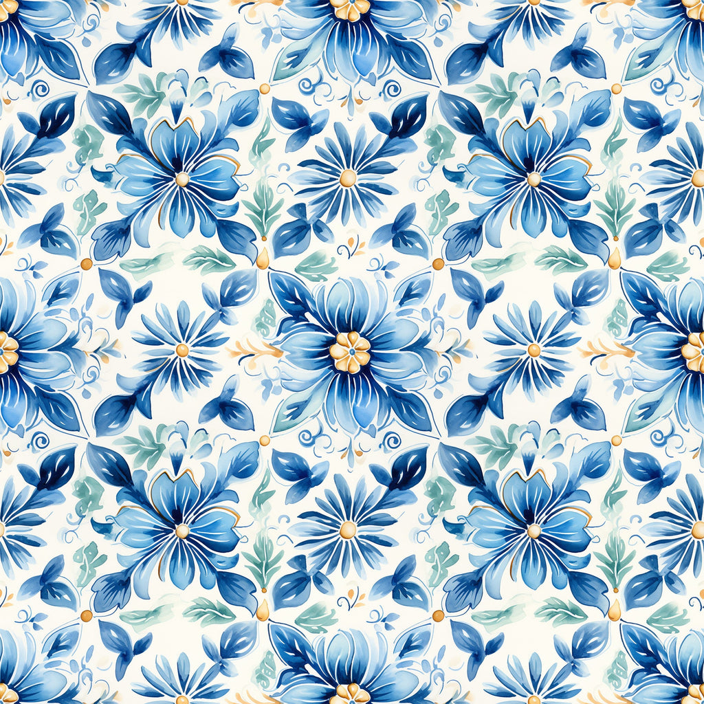 blue flowers, handpainted style, tile pattern, floral motif, watercolor effect, navy blue, light blue, sage green, orange accents, cream background, botanical design, repeating pattern, decorative flowers, mediterranean style, ceramic tile look,, fabric panel, artistic florals, painted petals, ornamental design