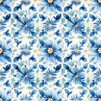 blue flowers, handpainted style, tile pattern, floral motif, watercolor effect, navy blue, light blue, sage green, orange accents, cream background, botanical design, repeating pattern, decorative flowers, mediterranean style, ceramic tile look,, fabric panel, artistic florals, painted petals, ornamental design