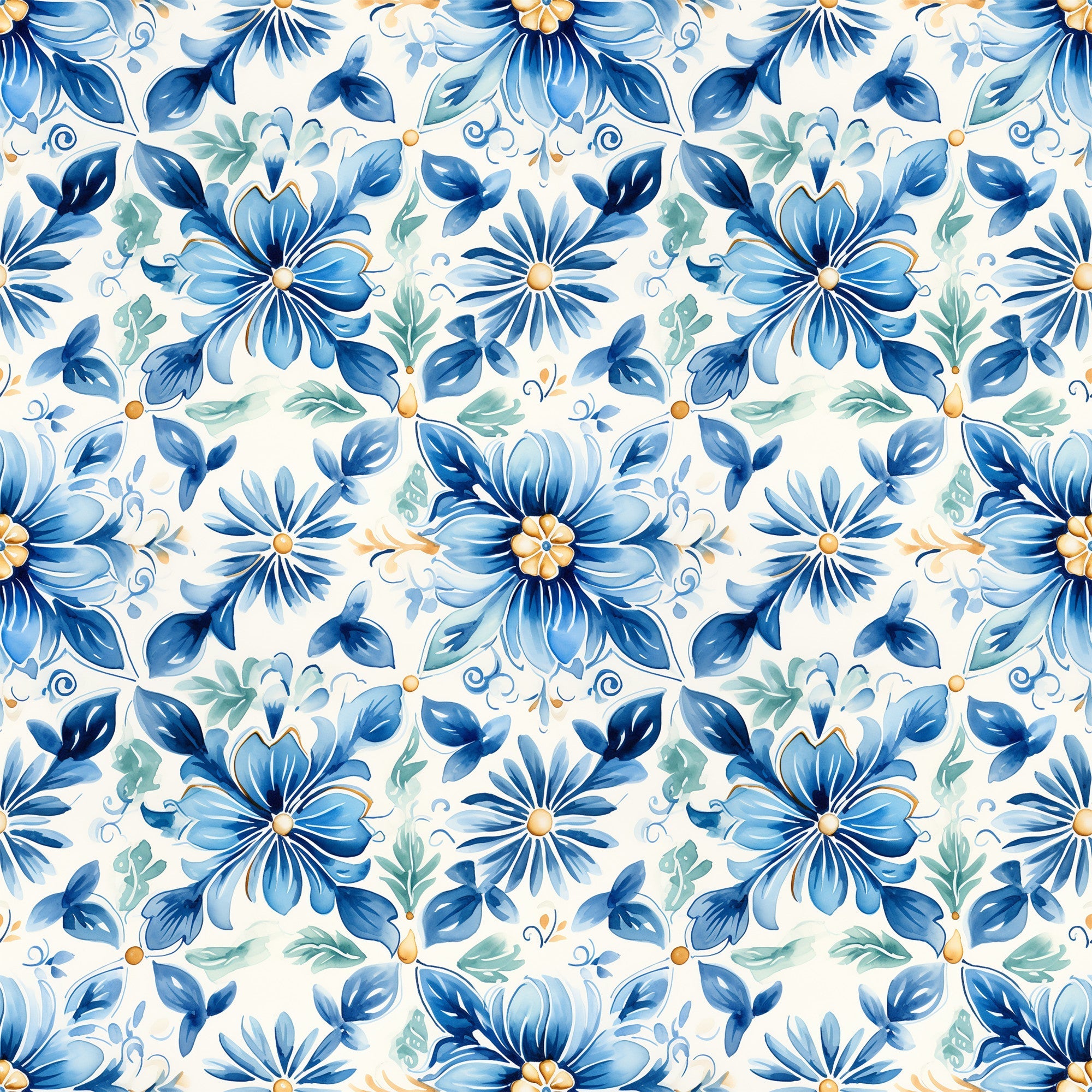 blue flowers, handpainted style, tile pattern, floral motif, watercolor effect, navy blue, light blue, sage green, orange accents, cream background, botanical design, repeating pattern, decorative flowers, mediterranean style, ceramic tile look,, fabric panel, artistic florals, painted petals, ornamental design