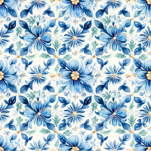blue flowers, handpainted style, tile pattern, floral motif, watercolor effect, navy blue, light blue, sage green, orange accents, cream background, botanical design, repeating pattern, decorative flowers, mediterranean style, ceramic tile look,, fabric panel, artistic florals, painted petals, ornamental design