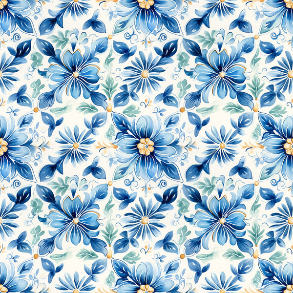 blue flowers, handpainted style, tile pattern, floral motif, watercolor effect, navy blue, light blue, sage green, orange accents, cream background, botanical design, repeating pattern, decorative flowers, mediterranean style, ceramic tile look,, fabric panel, artistic florals, painted petals, ornamental design