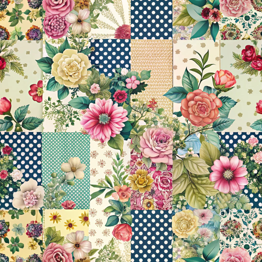 spring flowers, patchwork squares,, floral motifs, navy polka dots, pink roses, cream background, teal accents, botanical prints, cottage garden, vintage florals, fabric panel, coordinating patterns, pastel blooms, green leaves, mixed prints, quilting blocks, spring theme, feminine design, crafting fabric