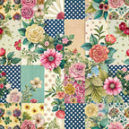 spring flowers, patchwork squares,, floral motifs, navy polka dots, pink roses, cream background, teal accents, botanical prints, cottage garden, vintage florals, fabric panel, coordinating patterns, pastel blooms, green leaves, mixed prints, quilting blocks, spring theme, feminine design, crafting fabric
