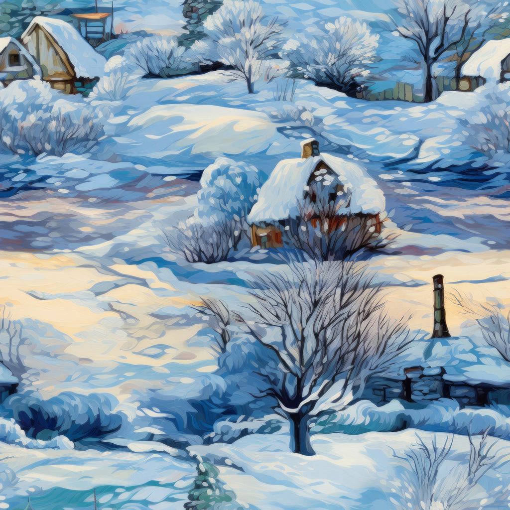 winter landscape, snow scene, cozy cottages, bare trees, frost covered, blue tones, white snow, cream colors, rural village,, fabric panel, peaceful scenery, winter houses, snowy ground, cold weather, serene atmosphere, country homes, winter wonderland, fabric art, cotton material