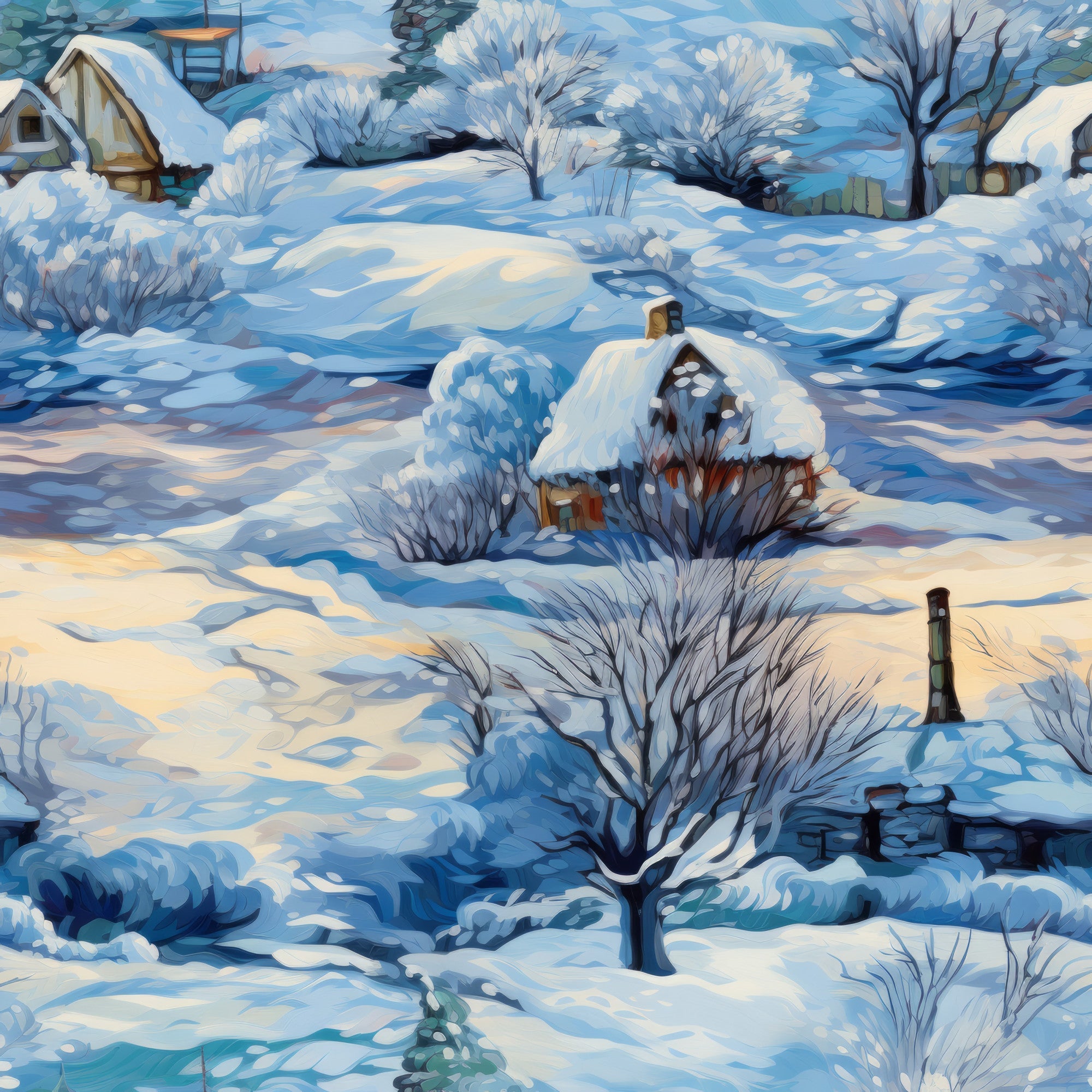 winter landscape, snow scene, cozy cottages, bare trees, frost covered, blue tones, white snow, cream colors, rural village,, fabric panel, peaceful scenery, winter houses, snowy ground, cold weather, serene atmosphere, country homes, winter wonderland, fabric art, cotton material