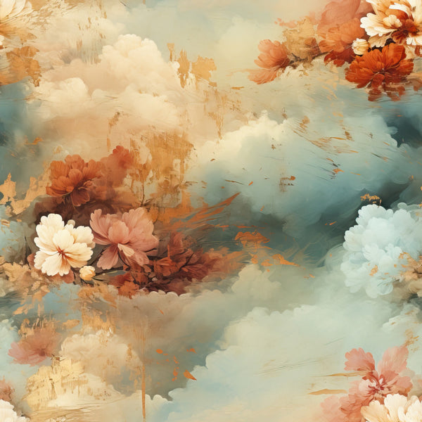 peach, cream, ivory, dusty rose, coral pink, rust orange, sage green, soft blue, floral, clouds, peonies, dahlias, roses, vintage, romantic, dreamy, whimsical, elegant, botanical, nature, celestial, soft aesthetic, watercolor, artistic, spring, summer, garden, feminine, peaceful, serene