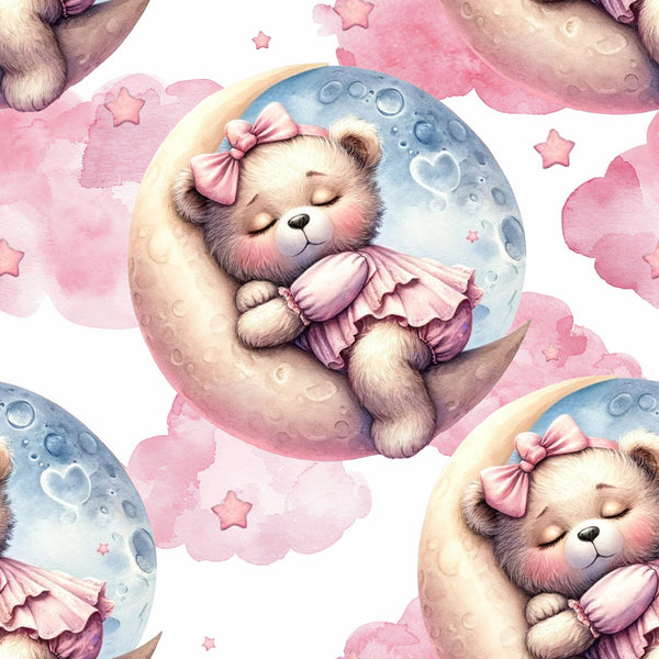 pink, purple, blue, teddy bears, crescent moon, stars, clouds, watercolor style, sleepy bears, bow accessories, tulle skirts, dreamy, nighttime theme, celestial, pastel colors, whimsical, nursery fabric,, fabric panel, cute animals, peaceful mood