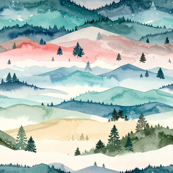 forest green, teal, turquoise, coral pink, dusty rose, cream, beige, soft blue, watercolor, mountains, trees, landscape, nature, winter, layered hills, misty, serene, peaceful, rustic, modern, whimsical, evergreen trees, snowy peaks, scenic, nighttime, twilight, relaxing, wanderlust, outdoor, woodland