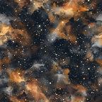 brown, orange, navy blue, black, white, galaxy pattern, stars, nebula, cosmic clouds, space theme, celestial design, painted watercolor style,, fabric panel, astronomy motif, starfield, dusty clouds, deep space, atmospheric swirls, constellation dots