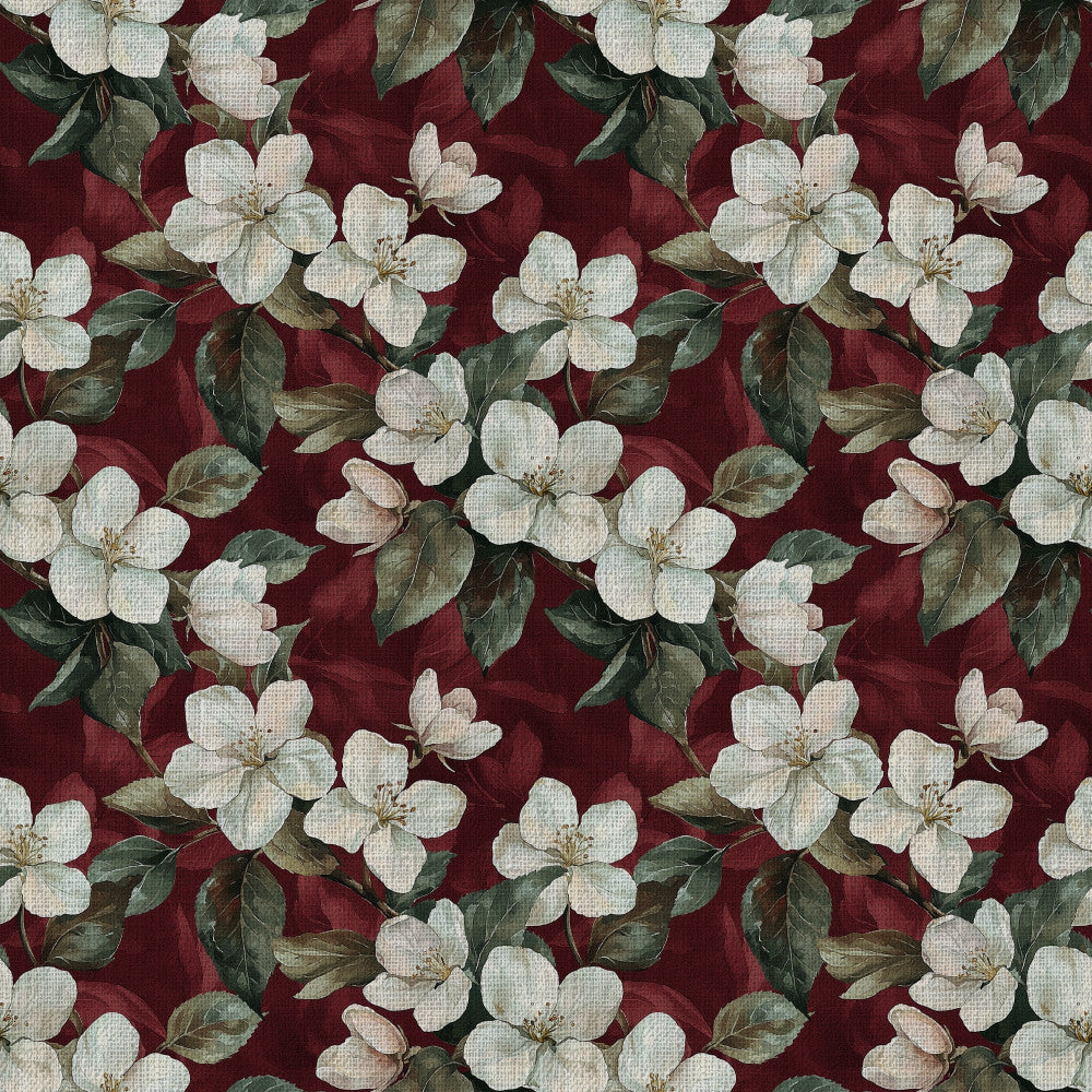 burgundy, cream, white, sage green, forest green, floral, botanical, vintage floral, apple blossoms, spring flowers, nature, elegant, traditional, romantic, cottage core, farmhouse, botanical print, spring, garden flowers, delicate flowers, classic floral, timeless, feminine, whimsical, ornamental, heirloom, country style, heritage print, blossom, leafy branches