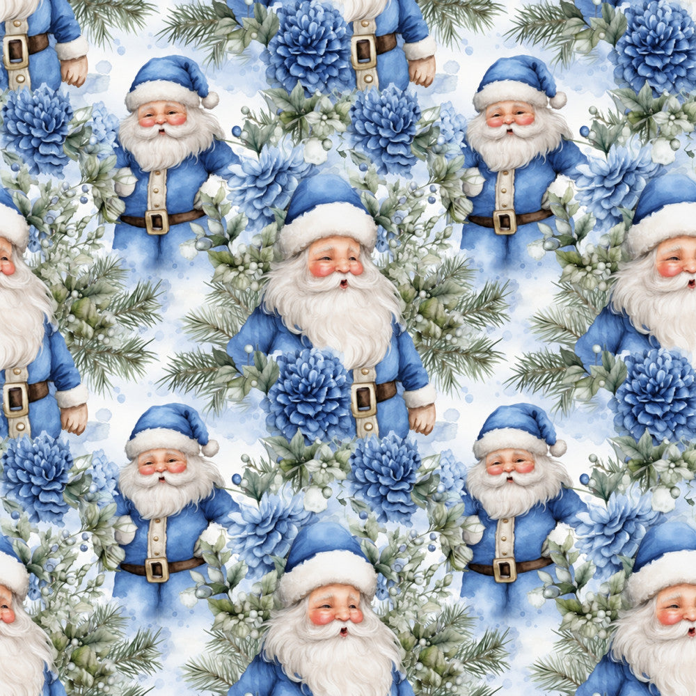navy blue, white, cream, blue flowers, dahlias, peonies, evergreen branches, pine needles, santa claus, father christmas, holiday, christmas, festive, whimsical, traditional, vintage, elegant, nature-inspired, floral, botanical, seasonal, winter, christmas themed, children's, kids room, nursery, baby shower, decorative, repeating pattern, watercolor style
