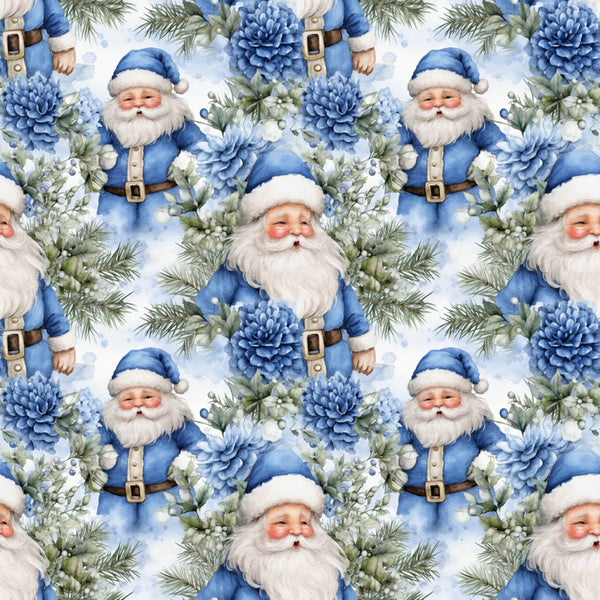 navy blue, white, cream, blue flowers, dahlias, peonies, evergreen branches, pine needles, santa claus, father christmas, holiday, christmas, festive, whimsical, traditional, vintage, elegant, nature-inspired, floral, botanical, seasonal, winter, christmas themed, children's, kids room, nursery, baby shower, decorative, repeating pattern, watercolor style