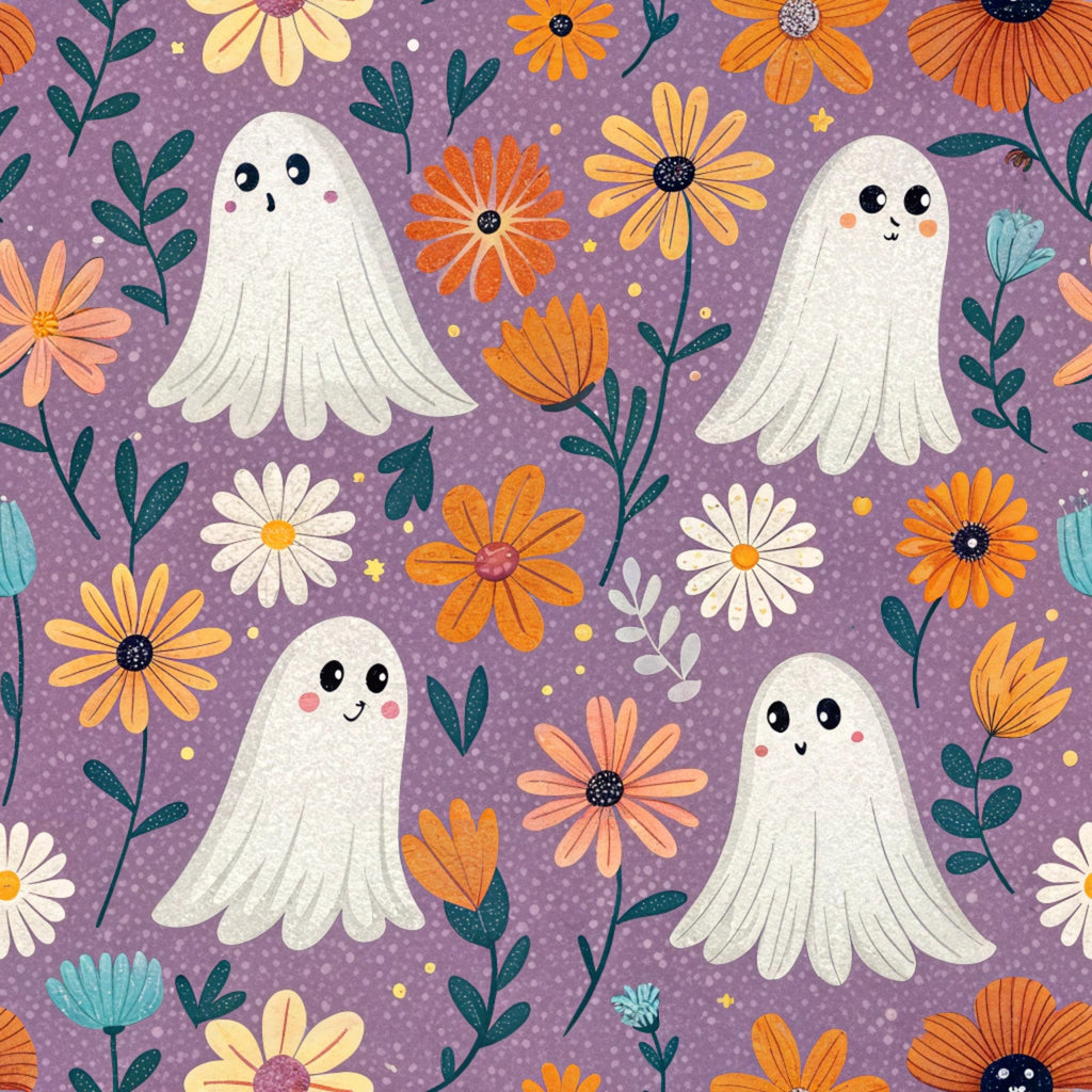purple background, cute ghosts, orange flowers, white daisies, green leaves, floral pattern, halloween fabric, kawaii style,, fabric panel, spooky cute, autumn colors, repeating pattern, whimsical design, lavender purple, marigold orange, friendly ghosts, botanical elements, seasonal fabric, crafting material