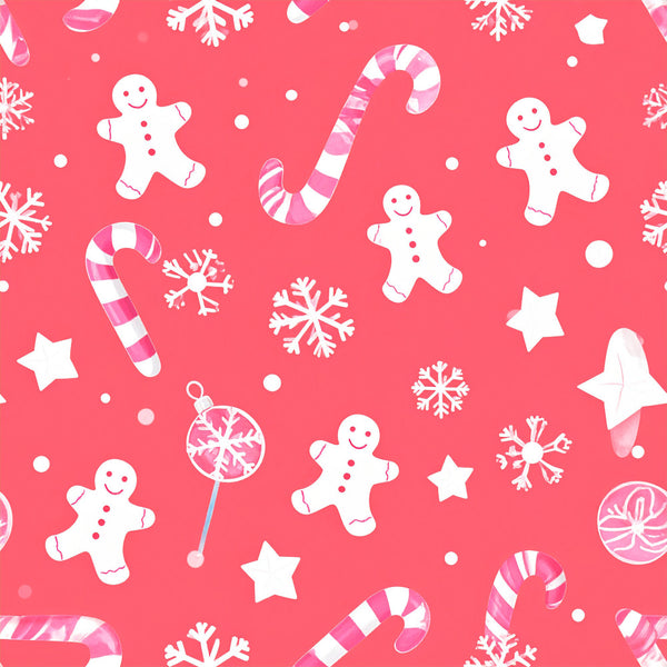 coral pink, hot pink, white, festive, holiday, christmas, gingerbread men, candy canes, snowflakes, stars, whimsical, playful, cheerful, kids, children, nursery, playroom, winter, seasonal, peppermint, jolly, cute, fun, decorative motifs, striped candy, ornaments, festive cheer