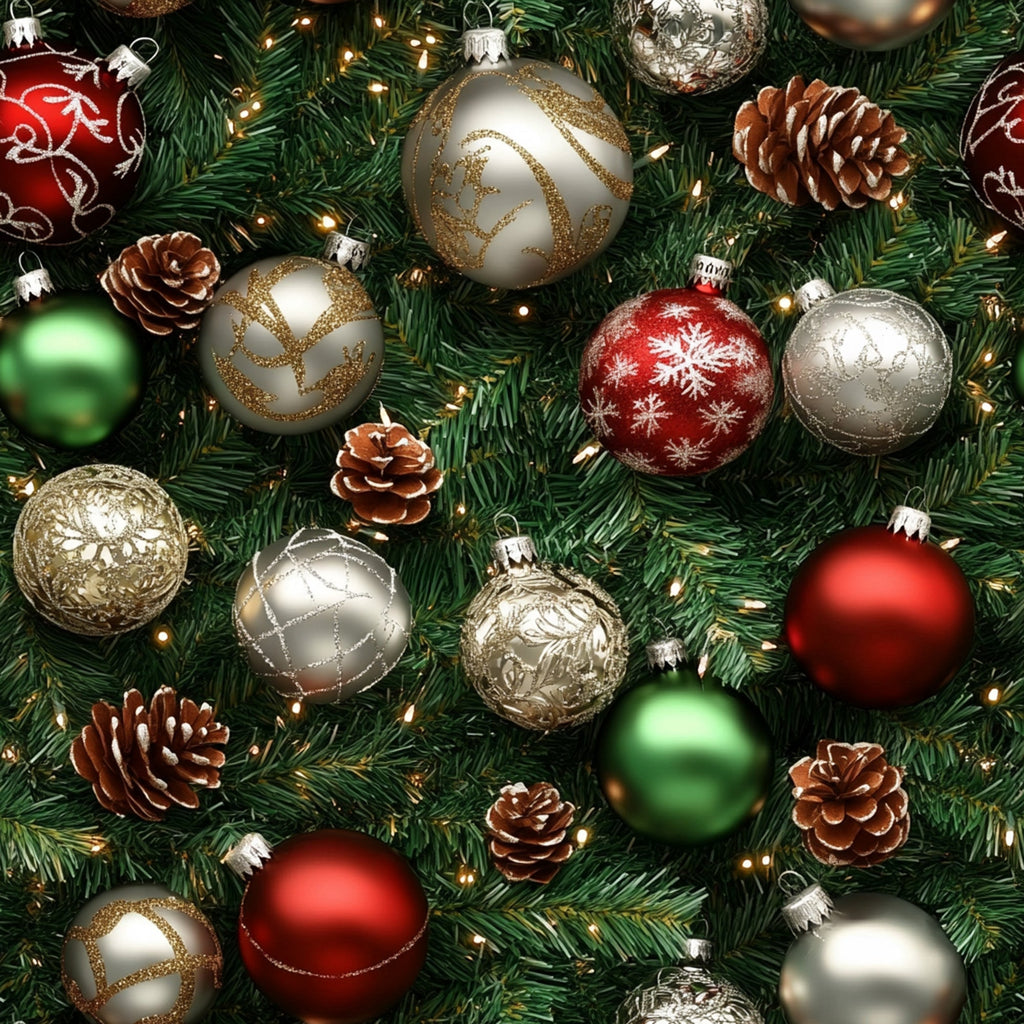 christmas ornaments, red baubles, green ornaments, gold decorations, silver balls, pine cones, evergreen branches, string lights, snowflake patterns,, fabric panel, holiday theme, festive design, realistic style, warm lighting, metallic accents, winter decorations, christmas tree elements, seasonal pattern, cotton fabric
