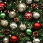 christmas ornaments, red baubles, green ornaments, gold decorations, silver balls, pine cones, evergreen branches, string lights, snowflake patterns,, fabric panel, holiday theme, festive design, realistic style, warm lighting, metallic accents, winter decorations, christmas tree elements, seasonal pattern, cotton fabric
