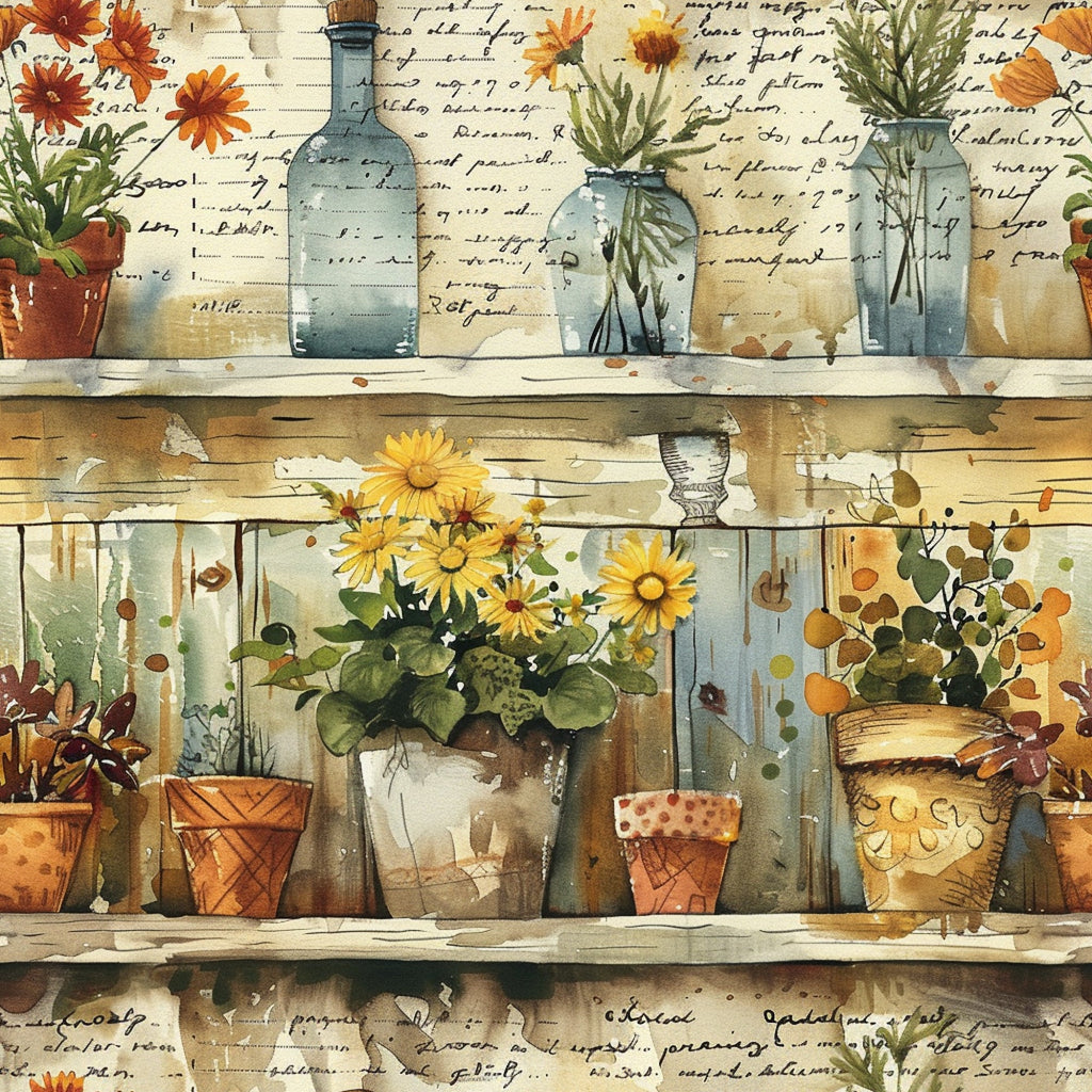 watercolor style, botanical illustration, potted plants, glass bottles, wooden shelves, terra cotta pots, yellow flowers, orange blooms, green foliage, rustic containers, garden scene, cottage core, autumn colors, warm tones,, fabric panel, floral motifs, vintage jars, craft room, farmhouse aesthetic