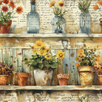 watercolor style, botanical illustration, potted plants, glass bottles, wooden shelves, terra cotta pots, yellow flowers, orange blooms, green foliage, rustic containers, garden scene, cottage core, autumn colors, warm tones,, fabric panel, floral motifs, vintage jars, craft room, farmhouse aesthetic