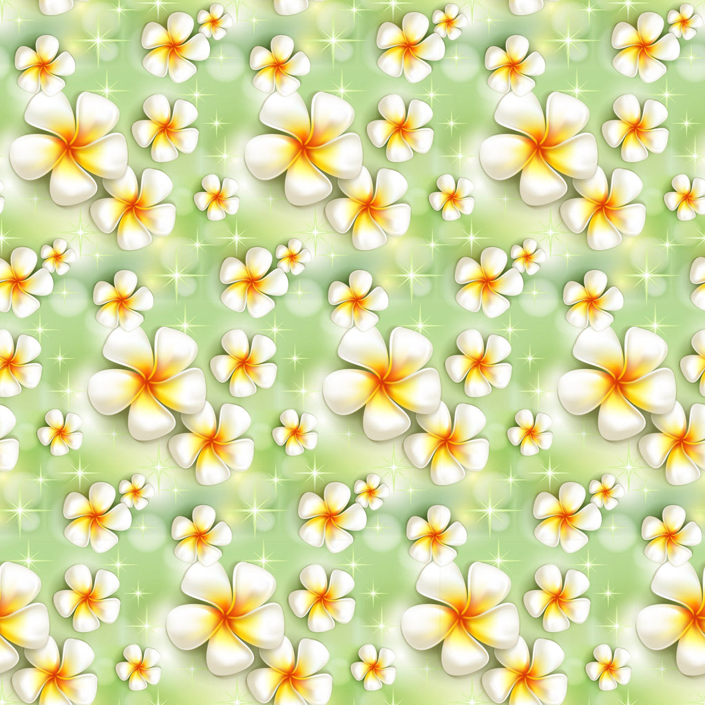 white flowers, plumeria blossoms, tropical flowers, green background, yellow centers, orange gradient, sparkle effects, summer pattern, beach theme, hawaiian style, floral repeating pattern,, fabric panel, bright colors, tropical paradise, vacation vibes, seamless design, nature motif, botanical print, resort style