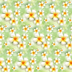 white flowers, plumeria blossoms, tropical flowers, green background, yellow centers, orange gradient, sparkle effects, summer pattern, beach theme, hawaiian style, floral repeating pattern,, fabric panel, bright colors, tropical paradise, vacation vibes, seamless design, nature motif, botanical print, resort style