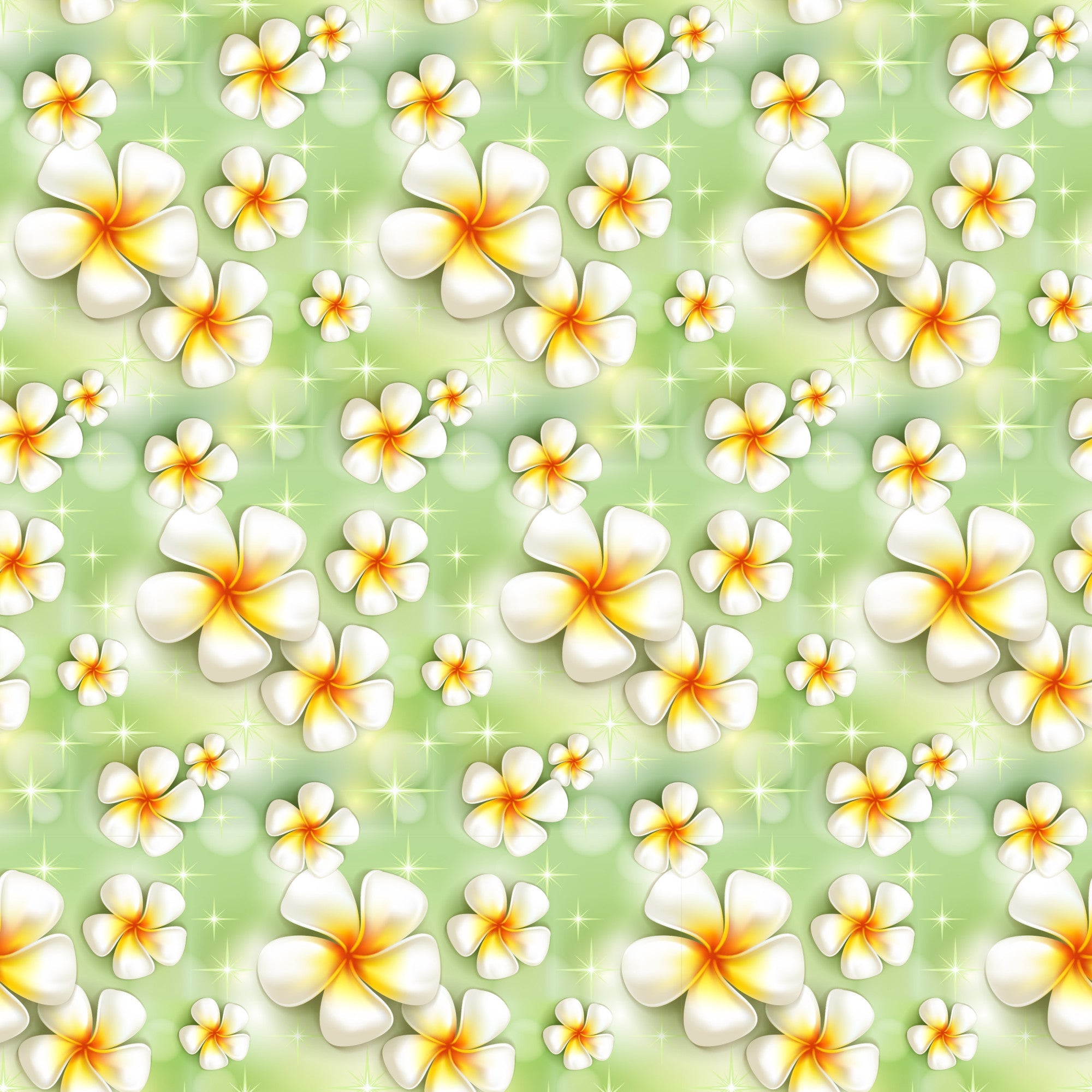white flowers, plumeria blossoms, tropical flowers, green background, yellow centers, orange gradient, sparkle effects, summer pattern, beach theme, hawaiian style, floral repeating pattern,, fabric panel, bright colors, tropical paradise, vacation vibes, seamless design, nature motif, botanical print, resort style