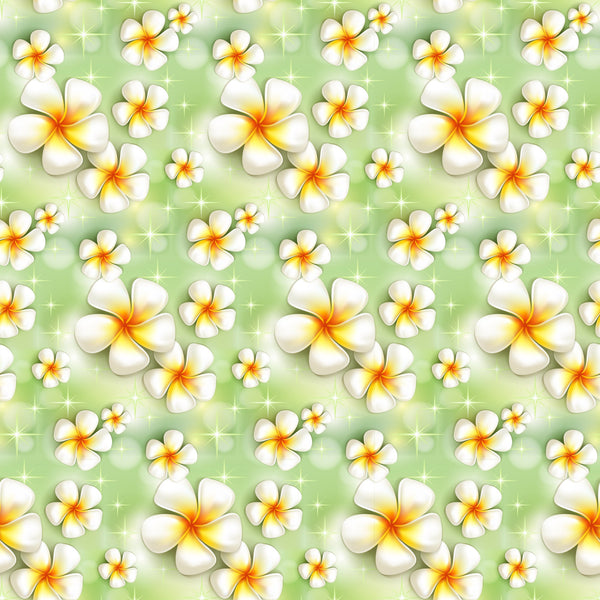 white flowers, plumeria blossoms, tropical flowers, green background, yellow centers, orange gradient, sparkle effects, summer pattern, beach theme, hawaiian style, floral repeating pattern,, fabric panel, bright colors, tropical paradise, vacation vibes, seamless design, nature motif, botanical print, resort style