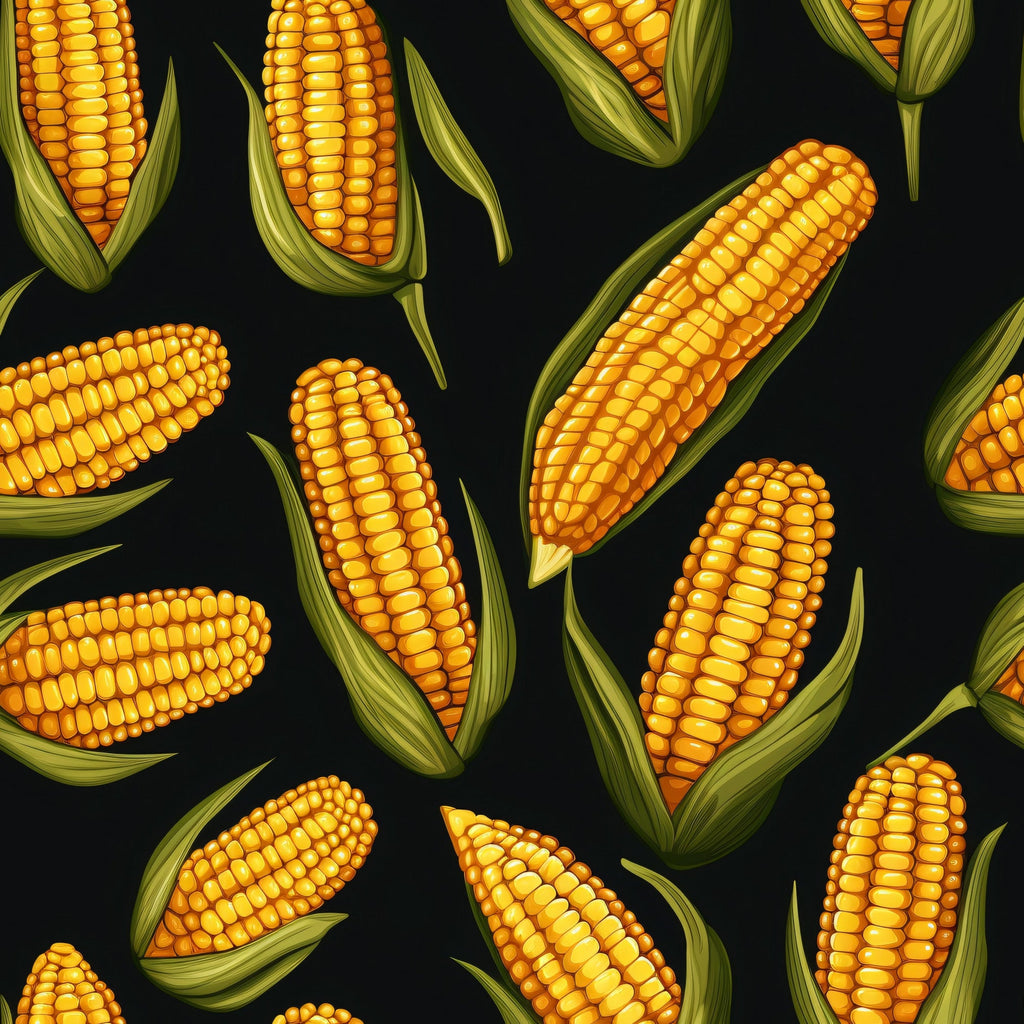 sweet corn, corn cobs, golden yellow, orange kernels, green husks, dark background, vegetable pattern, harvest theme, autumn motif,, fabric panel, realistic illustration, food design, agricultural theme, scattered layout, botanical art, farm fresh, produce pattern, vibrant colors, repeating design