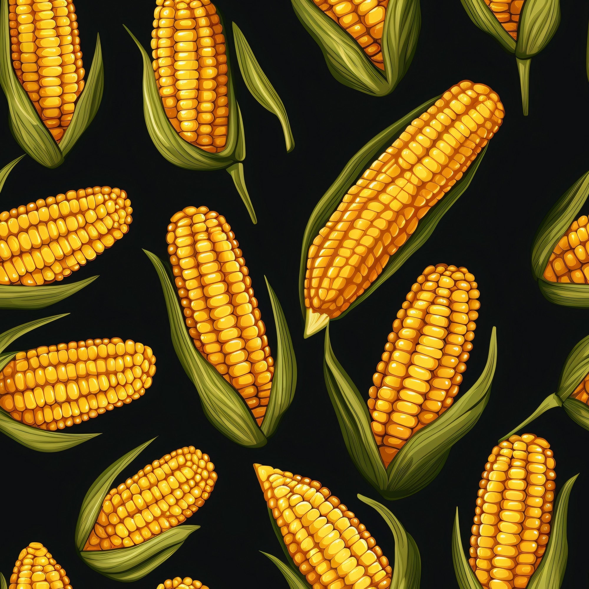sweet corn, corn cobs, golden yellow, orange kernels, green husks, dark background, vegetable pattern, harvest theme, autumn motif,, fabric panel, realistic illustration, food design, agricultural theme, scattered layout, botanical art, farm fresh, produce pattern, vibrant colors, repeating design