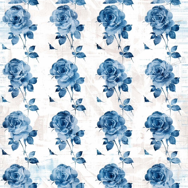 blue roses, watercolor roses, vintage floral, shabby chic, distressed background, rose pattern, botanical design, soft blue, navy blue, pale blue,, fabric panel, romantic florals, cottage style, repeating pattern, delicate stems, layered petals, weathered texture, farmhouse style, monochromatic blue