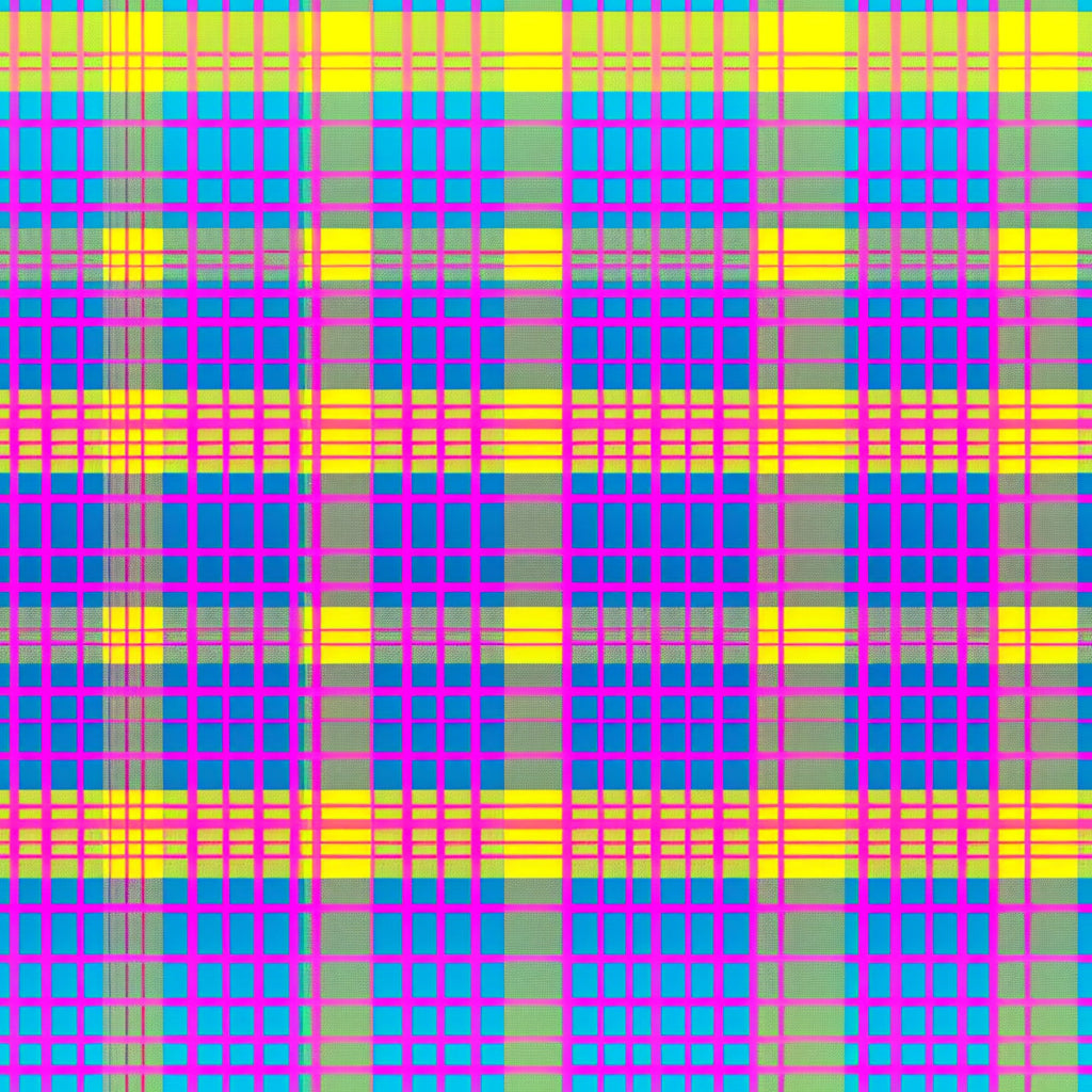 neon colors, bright pink, electric blue, lime green, yellow, magenta, cyan, gingham pattern, checkered design, plaid weave, geometric grid, intersecting lines, vibrant hues, high contrast, electric colors,, fabric panel, modern pattern, contemporary design, eye-catching