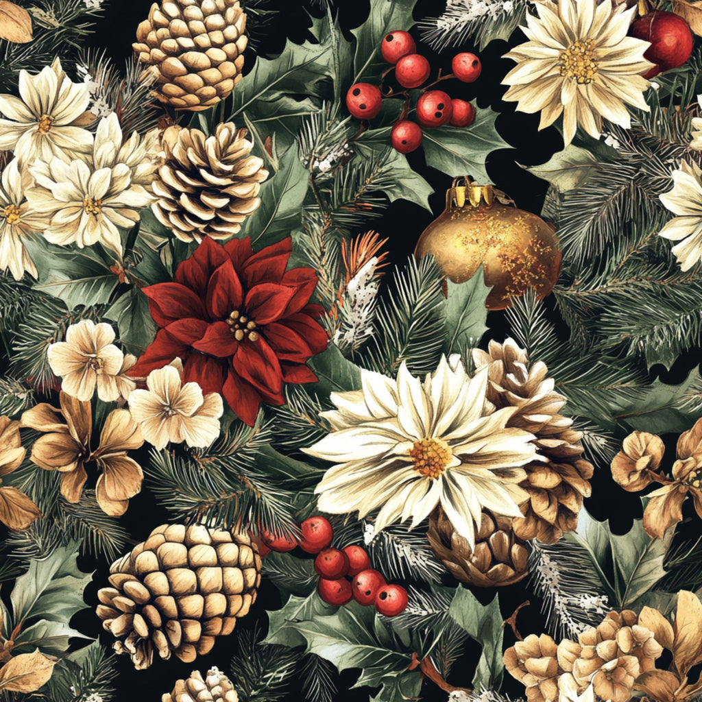 christmas pattern, pinecones, winter florals, poinsettia, holly berries, evergreen branches, gold ornament, cream flowers, deep red, forest green, golden brown, botanical design, holiday motif,, fabric panel, seasonal decor, festive elements, nature inspired, winter botanicals, christmas crafting