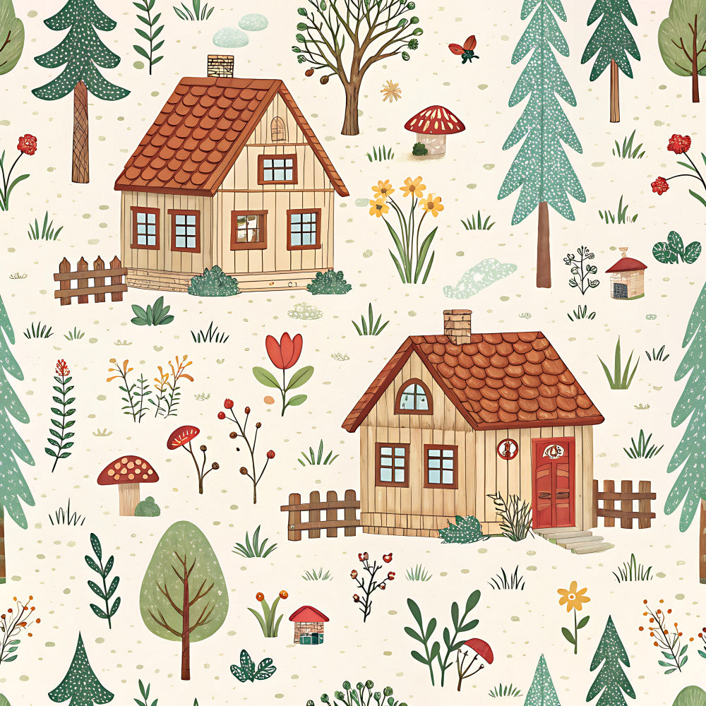 cottage core, forest green, cream, rust red, tan, woodland, nature, whimsical, rustic, fairytale, storybook, houses, cottages, trees, mushrooms, flowers, wild plants, grass, fences, chimneys, windows, doors, pastoral, countryside, enchanted forest, autumn, fall, kids room, nursery, children's